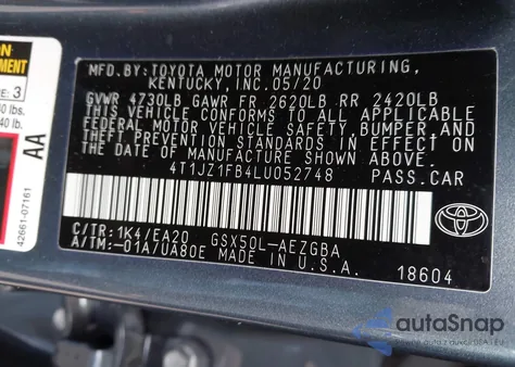 2020 Toyota Avalon Xle z USA, uszkodzony, nr VIN 4T1JZ1FB4LU052748